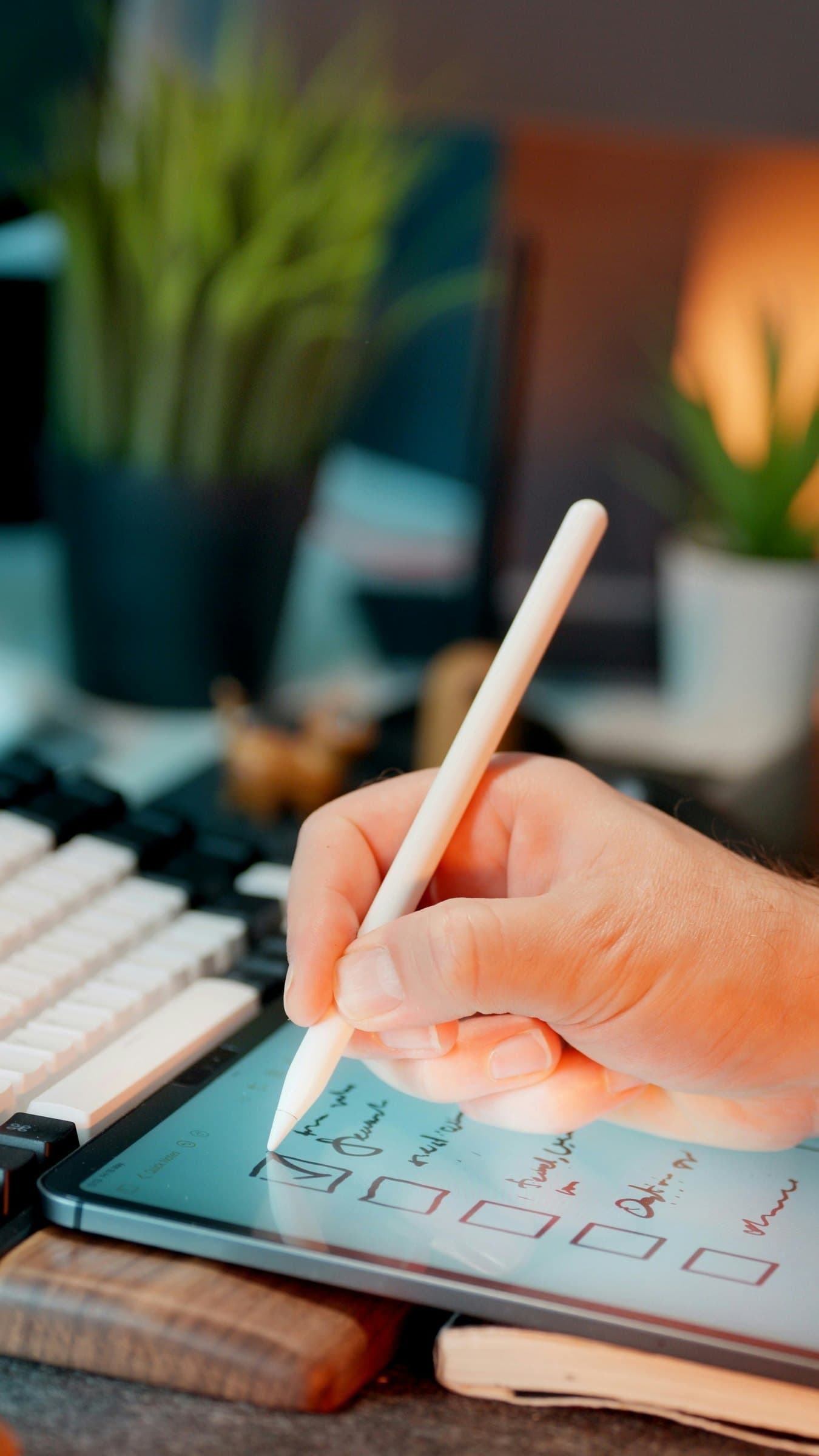 Person writing planning notes on a tablet beside a keyboard