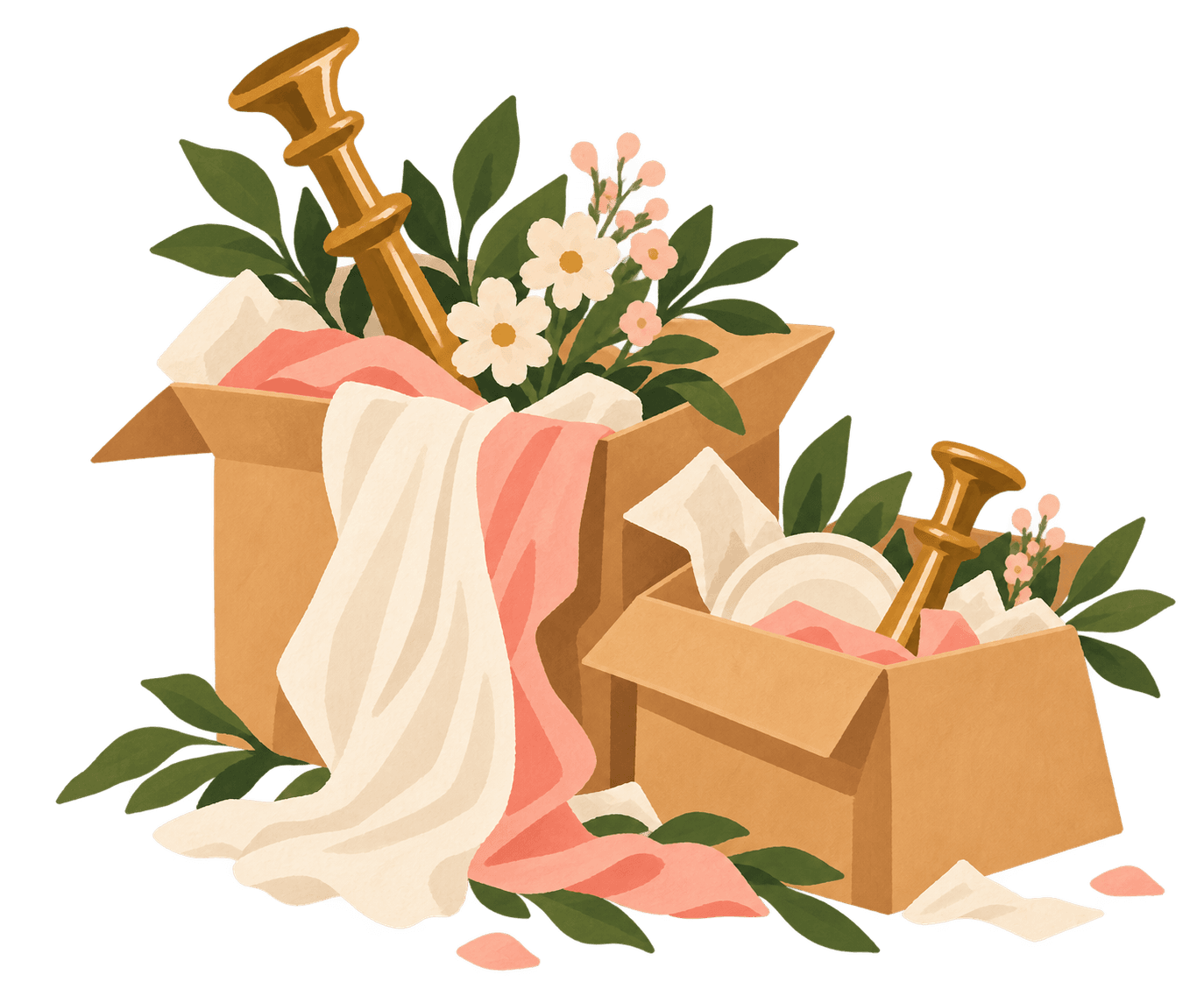 Moving boxes stuffed with decor, left to collect dust